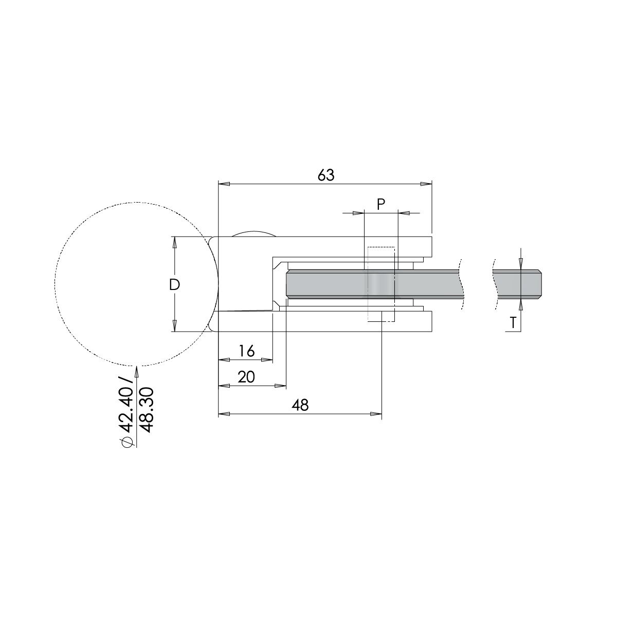 Round Back Glass Clamp Spec Drawing